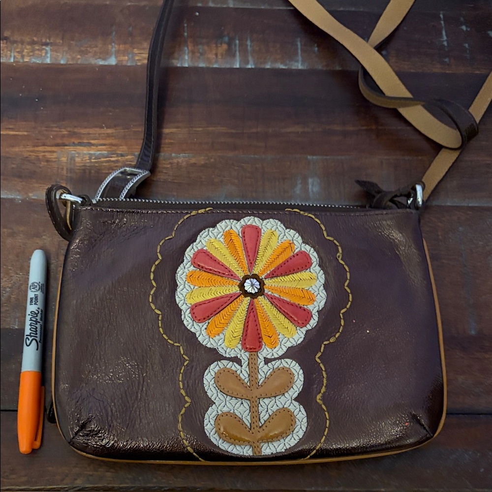 Brighton Brown Leather Crossbody Bag with Floral Design